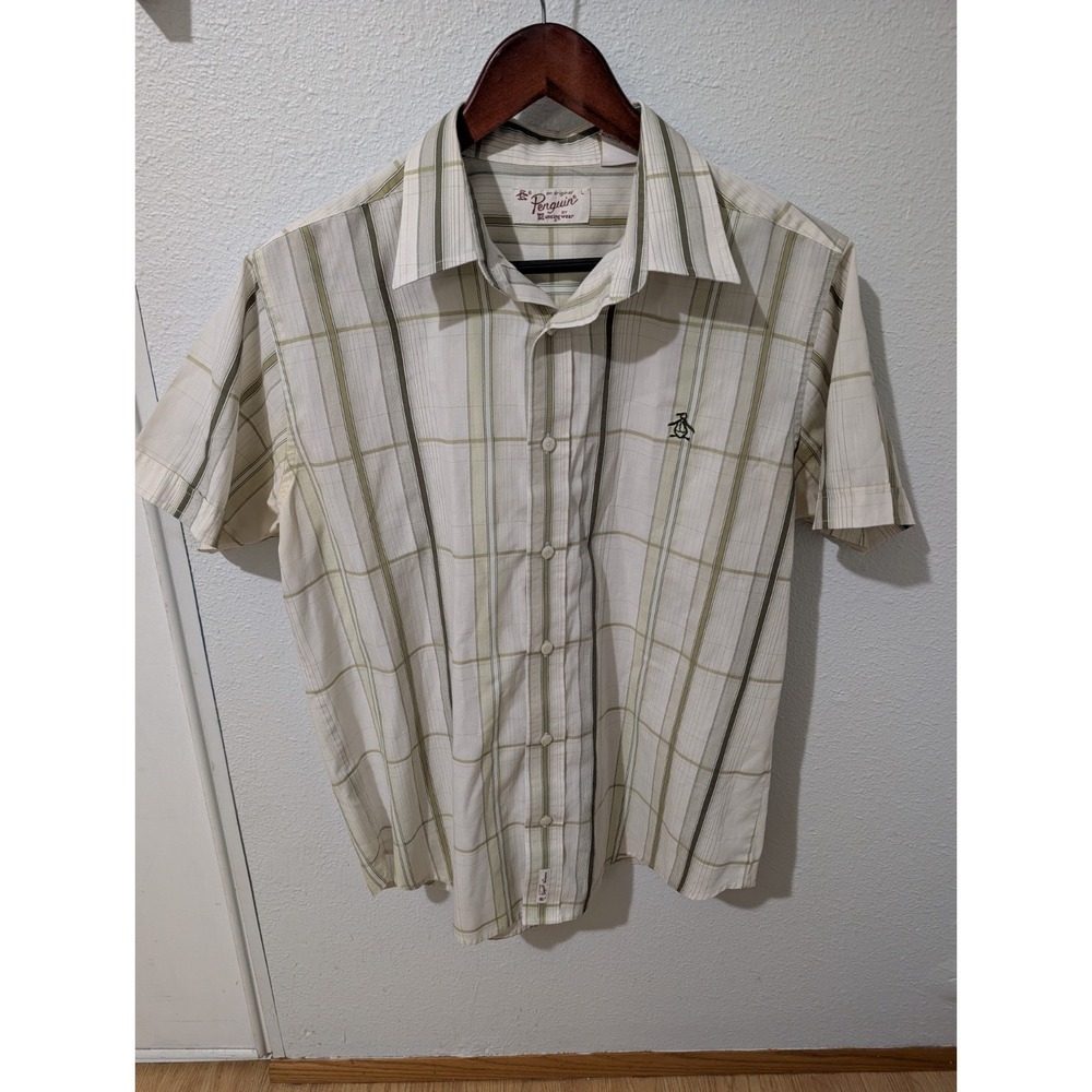 Original Penguin Munsingwear Shirt Mens L Plaid Short Sleeve Button Up Logo